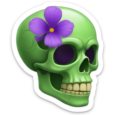 Green skull with purple flower coming out from eye socket sticker