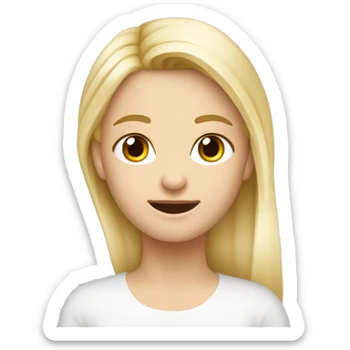 Blondýna, vlasy po prsa, široký úsměv a velká brada, modré oč, kulatý obličej, výrazné obočí sticker