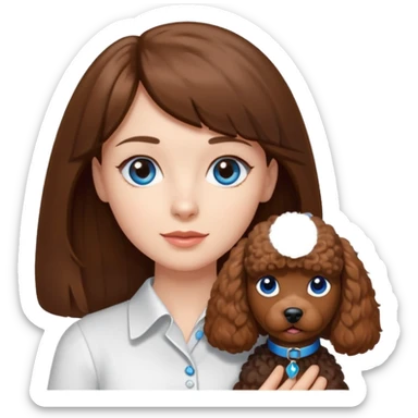 Kobieta z długimi brązowymi włosami, grzywką i niebieskimi oczami. Ubrana jest w białą koszulę. Trzyma na rękach małego brązowego pudelka. sticker