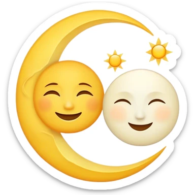 a really bright  big sun and a small moon who shines because of it. the sun is bigger and the tiny \moon bright too beside it smiling looking at each other sticker