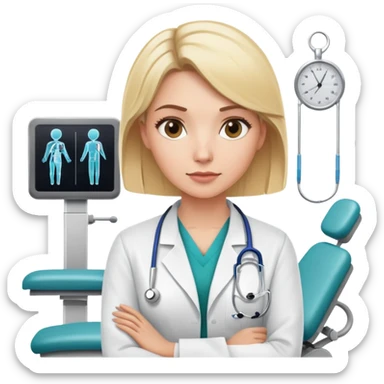 A blonde female kinesiologist with a thoughtful expression, wearing professional medical attire, in a physical therapy clinic setting sticker