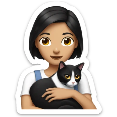  Tanned woman with black hair hugging a black and white cat  sticker