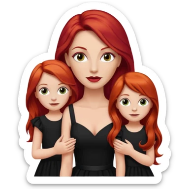 White woman in black dress with long red hair and makeup with two kids sticker