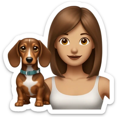A woman with shoulder-length brown hair and bangs has a rough-coated dachshund on a leash. sticker