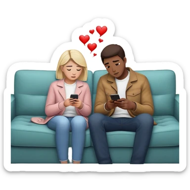 A couple sits on opposite sides of a couch, looking at their phones, disconnected. Between them, a faint, invisible thread connects their hearts—but it’s fraying. One of them hesitates, reaching out, unsure whether to fix it or let it snap. sticker