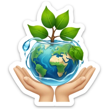 An icon featuring a green leaf, Earth held in hands, and a recycling symbol, symbolizing ecology. The design includes trees, clean water, and animals, representing environmental protection, sustainability, and ecosystems. Transparent background highlights the science of nature and conservation. sticker