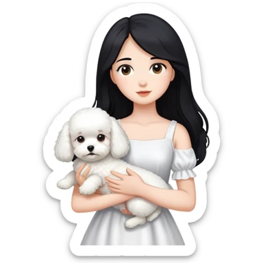 A beautiful girl with long black hair wearing a white dress holds a small white Bichon Frise in her arms sticker