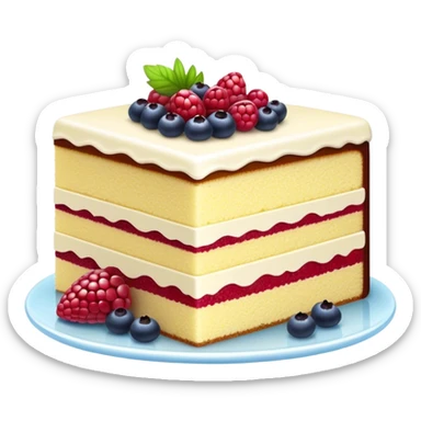 Cinematic luxurious slice of cake, delicate layers of moist sponge and rich frosting, beautifully decorated with fresh berries and a glossy glaze, soft glowing light, elegant and indulgent. sticker