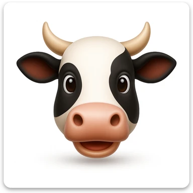 Create a cow face emoji that looks exactly like the reference image, in iOS emoji style. The emoji should have 3D appearance, shiny surface, smooth gradients, soft shadows, a friendly expression, black and white markings, and horns. Add a soft shadow under the face. sticker