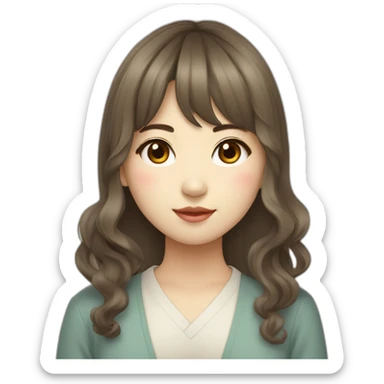 Korean student woman with bangs and wavy long korean hairstyle, light skin tone sticker