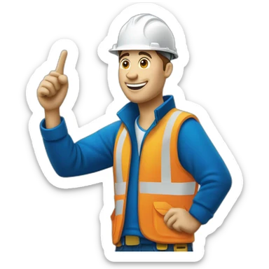 construction worker pointing left upwards in blue jacket and with logo cortusa group sticker