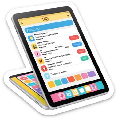 Create an emoji representing fanfiction writing. The design should feature a digital device tablet with visible text, symbolizing the creative process of writing fanfiction. Add a subtle reference to popular fictional characters or universes to indicate the fan aspect. Use a playful, imaginative color palette, blending vibrant tones with soft neutrals. Do not include any emojis or smiley faces. Make the background transparent. sticker