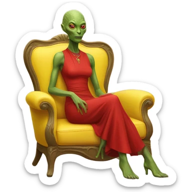 reptilian alien woman in red dress, sitting on a jellow couch  sticker