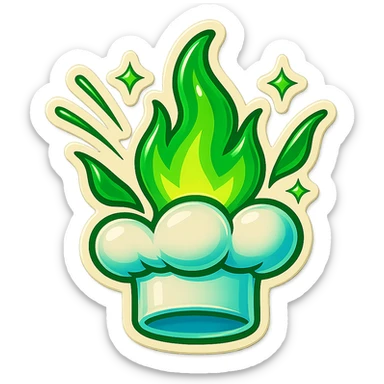 chef's hat explode with trails of fires, emoji, playful, magic flame green gradient, vibrant, flame matching style reference file sticker
