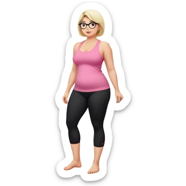 Full body view from the side, fair skinned woman, curvy, short blond hair, small reading glasses, cooking dinner in kitchen, pink loose tank top, showing natural B cup breast shape SFW, black yoga pants, large curvy booty sticker