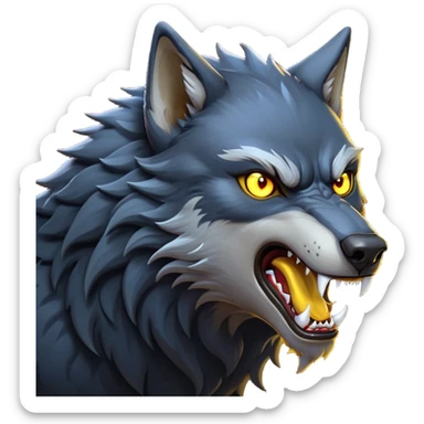 cinematic-noble-fierce-werewolf-howling-portrait-emoji, poised-and-imposing, with a fierce wolfish face tilted upwards in a haunting howl, glowing eyes full of primal ferocity, sharp, elongated fangs bared, and a rugged snout, fur rippling in shades of midnight black and silver, muscles tensed as the powerful howl echoes beneath the moonlit sky; rendered with realism, capturing the raw, untamed power of the beast in its wild, primal state sticker