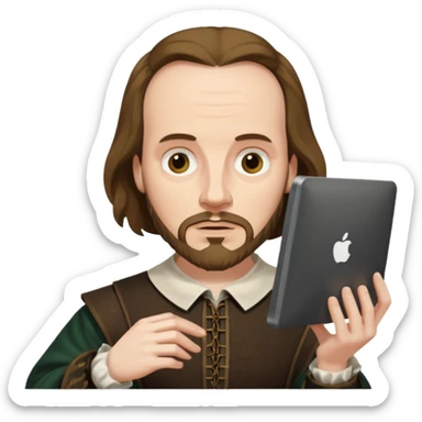 Shakespeare faithful to original portrait holding a computer screen sticker
