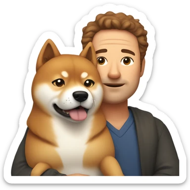 Shiba-inu cuddles middle age man with curly brown hair without bear  sticker