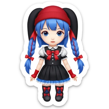 Chibi kawaii, violet eyes, black-blue twin tails, red ribbons, red beanie, black & white lolita dress with red accents, white thigh-highs, black mary janes, cute aesthetic. sticker