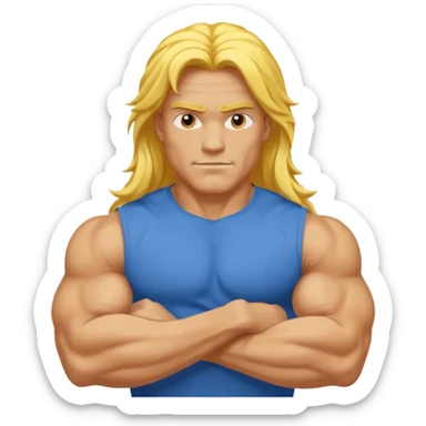guy with biceps, long yellow hair, blue t-shirt sticker