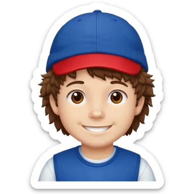 brown fluffy hair kid with blue and white cap dark blue jilet red t shirt sticker