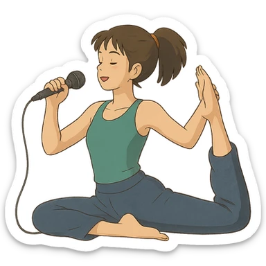 ghibli style illustration of a woman doing yoga with a microphone sticker