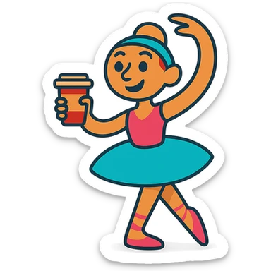 a friendly colorful illustration of a ballerina holding a cup of coffee sticker