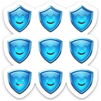 Futuristic glowing blue emoji badge set for the brand name “DRAEV” — includes shield, checkmark, camera, briefcase, verified tick, bot face, and rocket. Neon blue glow, dark gradient background, cyber aesthetic, 3D soft lighting, premium tech style. sticker