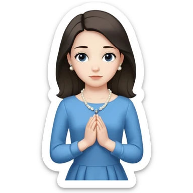 The girl in the photo is wearing a blue dress with long sleeves and a pearl necklace. There is a black flower on the dress. Her posture is confident, with a straight back and neatly folded hands. The image conveys elegance and dignity.
For generating an image using a neural network, you can use the following keywords:
	•	Girl
	•	Blue dress
	•	Long sleeves
	•	Pearl necklace
	•	Black flower on the dress
	•	Confident posture
	•	Straight back
	•	Neatly folded hands sticker