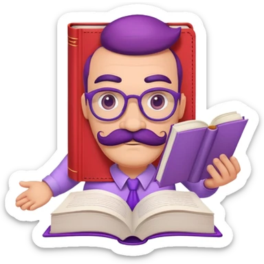 pastel red book with purple mustache and eyebrows and face, white paper hands and feet, dr hakim from Takes To game sticker