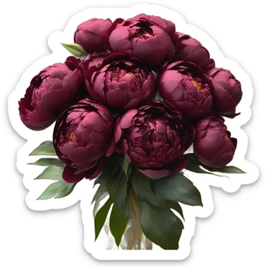 A vintage arrangement of dark red peonies with a deep burgundy bow
 sticker
