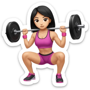 Fitness girl doing the squat with bar and weight, black hair sticker