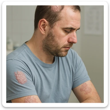 realistic image of a man with psoriasis, showing visible skin patches on arms or scalp, medical and respectful context, no explicit details sticker