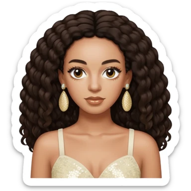 Solange with long dark brown hair, ivory sequin crop top, ivory earring sticker