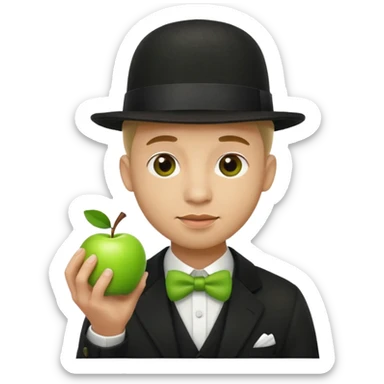 homme en costume chapeu melon aven avec une pomme verte dqui cache son visage  sticker