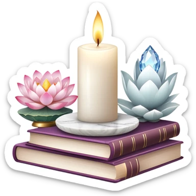 Aesthetic candles, flower petals, books, marble stand, crystal stones, lotus, feathers, zen, decoration, meditation,  sticker