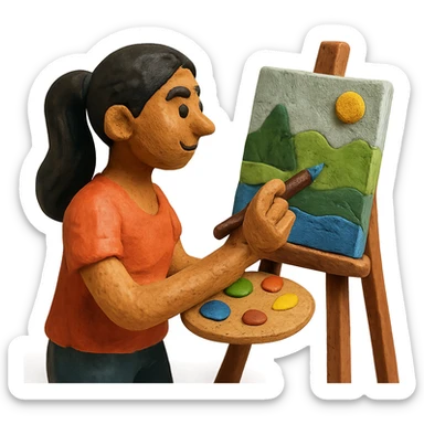 tanned woman artist with long black hair in a ponytail, painting a landscape at an easel, holding a paint palette and brush, claymation style sticker