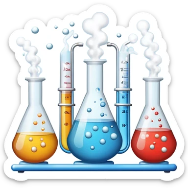 An icon featuring chemical flasks with tubes, representing hydrolysis, along with liquids, powders, and chemical formulas. The design includes molecules and reaction symbols, symbolizing the study of chemical processes and compounds. Transparent background highlights the science of reactions. sticker