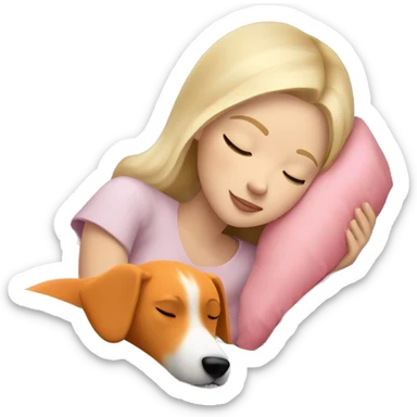 White blonde girl who sleeping peacefully with his orange dog in a bed with a white pillow and a pink blanket sticker