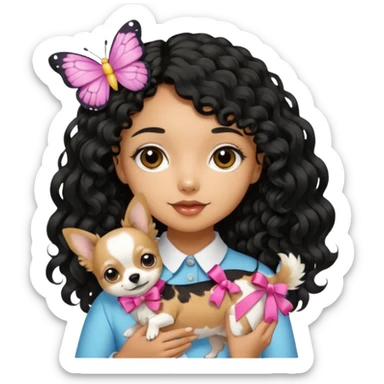 a girl light to medium tan skin with olive skin tone Long black curly hair cut butterfly carrying a white chihuahua dog with a cute ribbon sticker