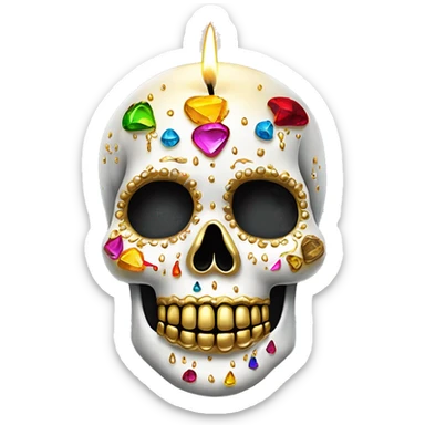 Realistic white sugar skull decorated with colorful rhinestones with a metallic gold candle on top of its head dripping down melted metallic gold wax down the skull sticker