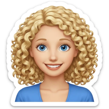 Woman with blonde curly shoulder-length hair, big blue eyes, wide smile sticker