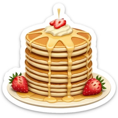 a stack of pancakes with melted white chocolate drizzle and strawberries sticker