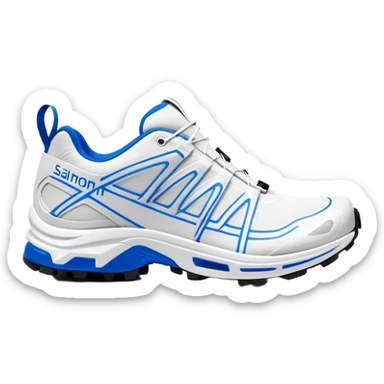 Minimalist white Salomon XT-6 shoes with only a blue colored line running through the middle, one shoe positioned behind the other, pure white everywhere else, iOS emoji style sticker
