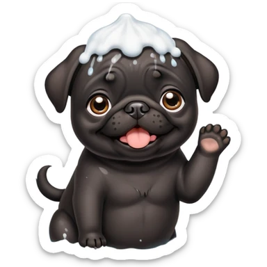 Happy adorable beautiful Black pug puppy with bath foam on top of his head sticker