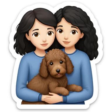 a girl with medium long black hair, hugging a little brown coated labradoodle. sticker