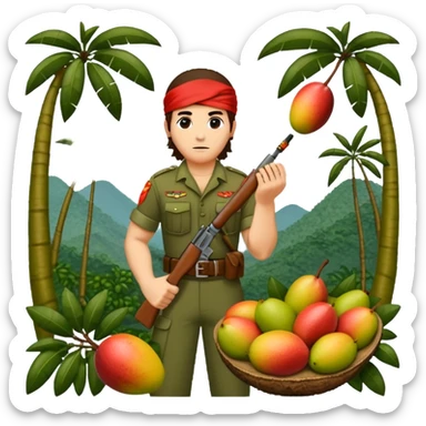 quiero que crees la imange de un Mango con Brazos fuertes y piernas como las de un culturista, que lleve uniforme militar de selva y que tenga pelo largo y una bandana roja en la cabeza como la de rambo y tambien que este en posicion de ataque con una ametralladora pixelart sticker