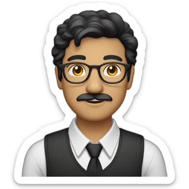 a light skin Pakistani man, wearing round glasses, short moustache, black hair, collared shirt, structured manly face sticker