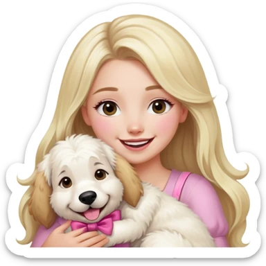 Pretty blonde bombshell girl with long hair and highlights. She has long eyelashes and a pink bow in her hair. She is hugging a very huge press Pyrenees dog and they are both laughing  sticker