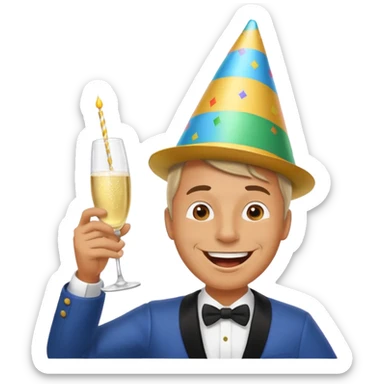 A happy man in party clothes laughs while drinking champagne straight from the glass. sticker